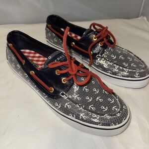 Sz 10M Sperry Top-Sider Leather Boat Shoes‎ 9688771 Navy Clear Sequin EUC